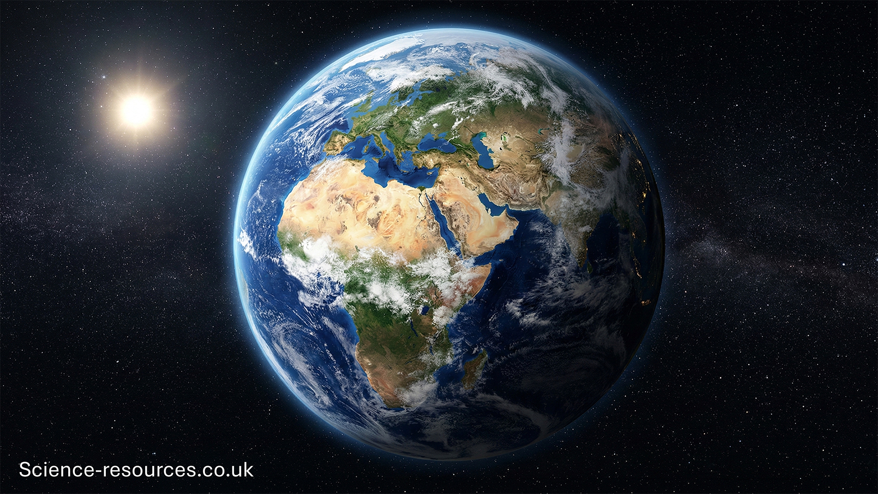 A high-resolution, photorealistic view of Planet Earth suspended in the vastness of space. The Earth is centered, showing the African continent, Europe, and the Middle East in vivid detail under a swirl of white cloud formations.

To the upper left, a bright Sun glows intensely, casting a soft lens flare and illuminating the left side of the globe, while the right side fades into the deep shadow of night where city lights twinkle faintly. The background is a dense, sharp field of stars and the subtle, dusty glow of the Milky Way stretching across the dark vacuum of space.